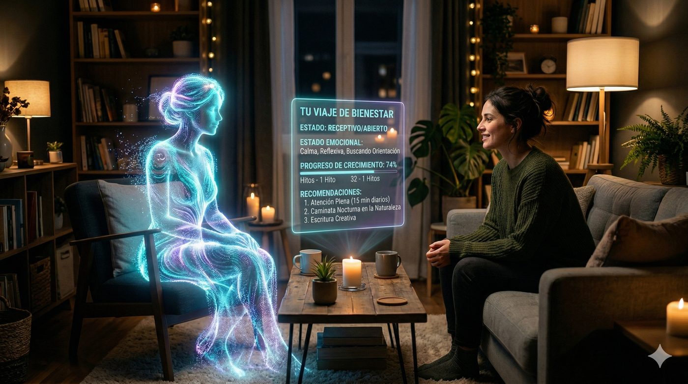 Alma, figura femenina holográfica cian luminosa — tu coach personal con IA